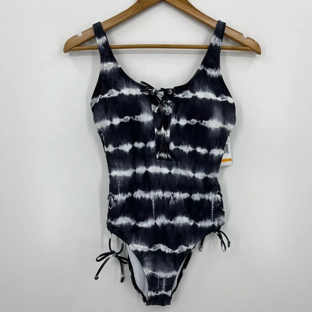 California Waves Womens Black White Tie Dye Lace Up One Piece Swimsuit Size S